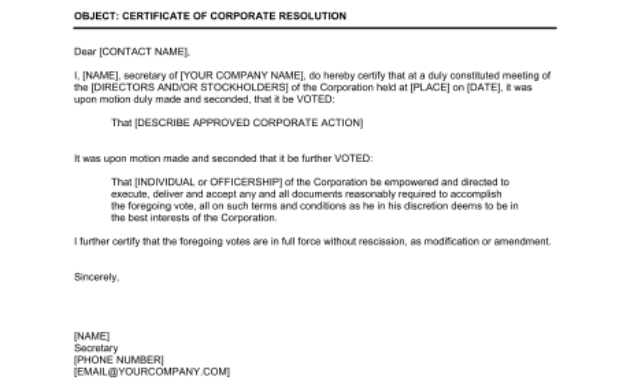Certificate Of Corporate Resolution Template &amp; Sample Intended For Corporate Secretary Certificate Template