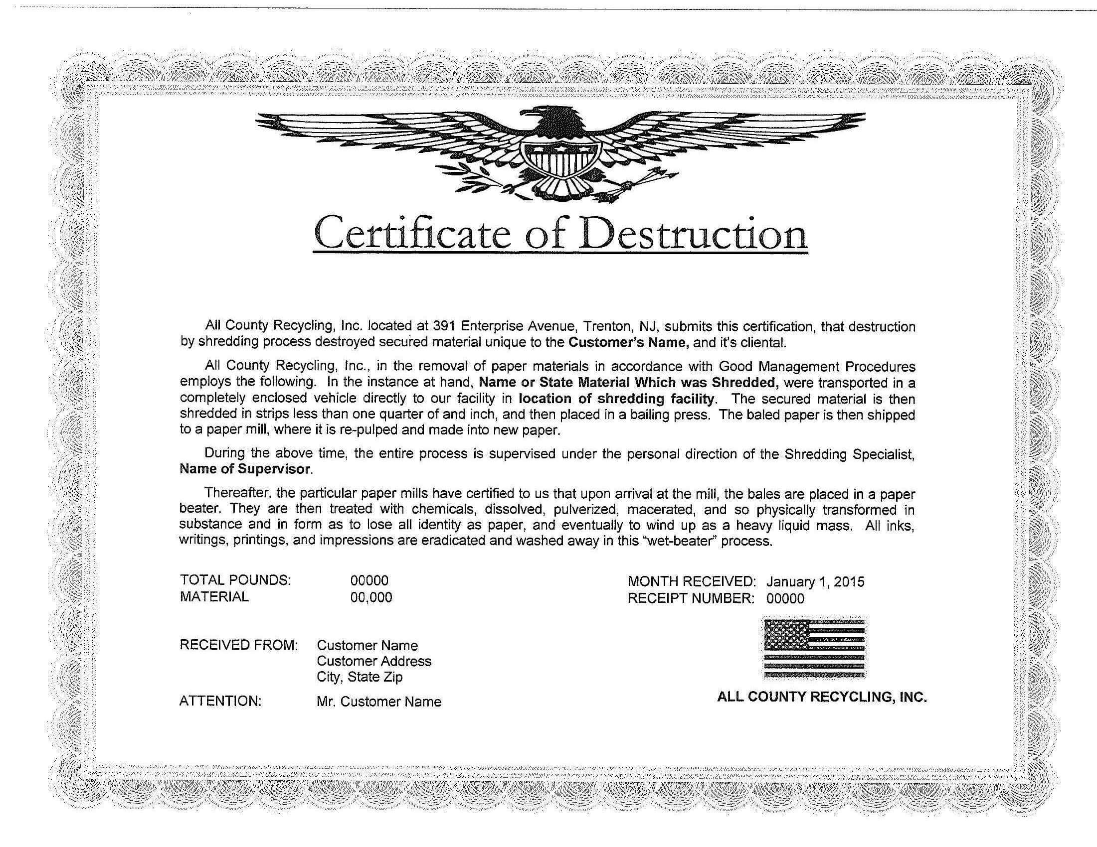 Certificate Of Destruction Template In 2020 | Certificate Within Fascinating Certificate Of Destruction Template