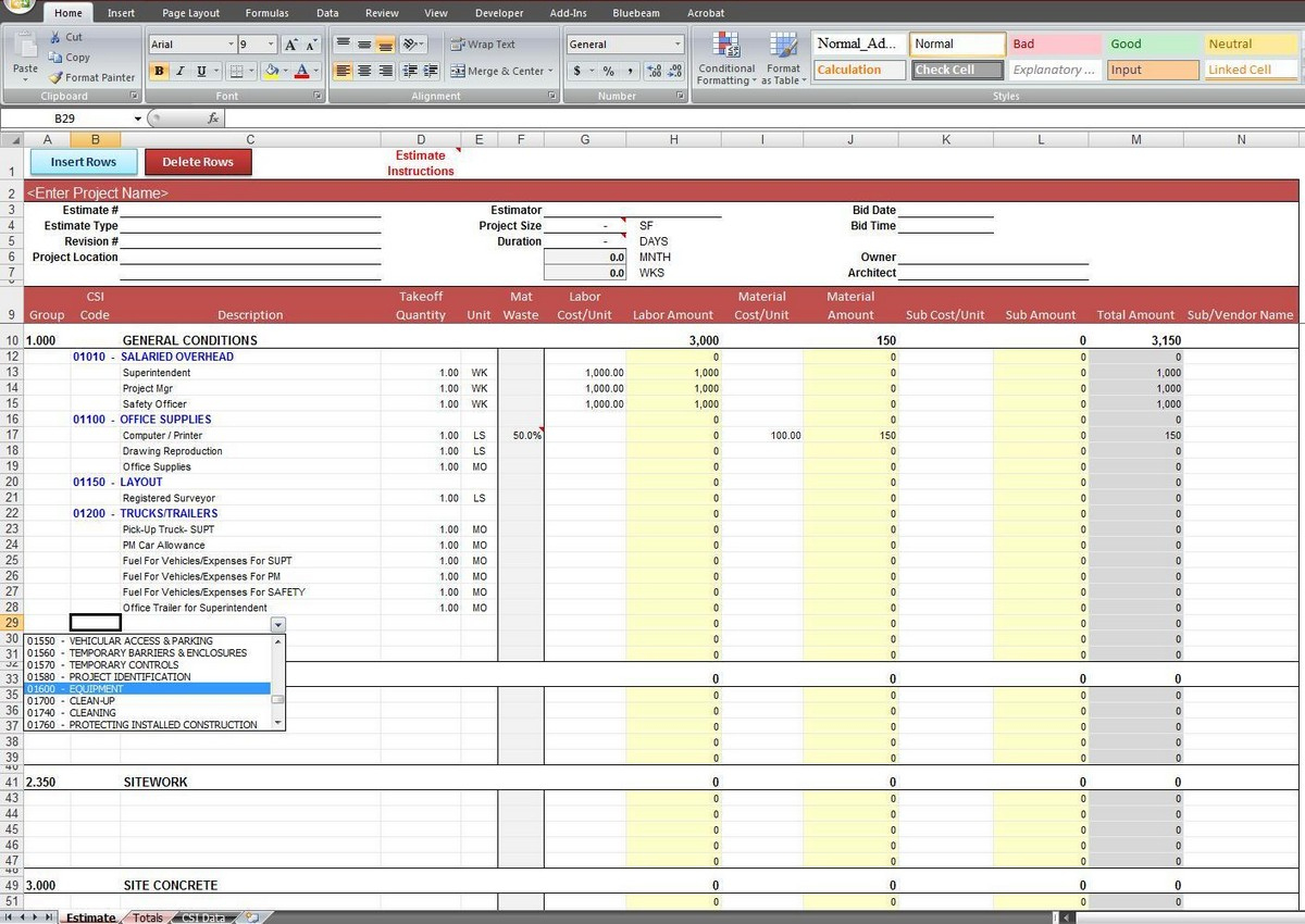 Construction Cost Estimate Template Excel | Spreadsheets Regarding Construction Cost Sheet Template