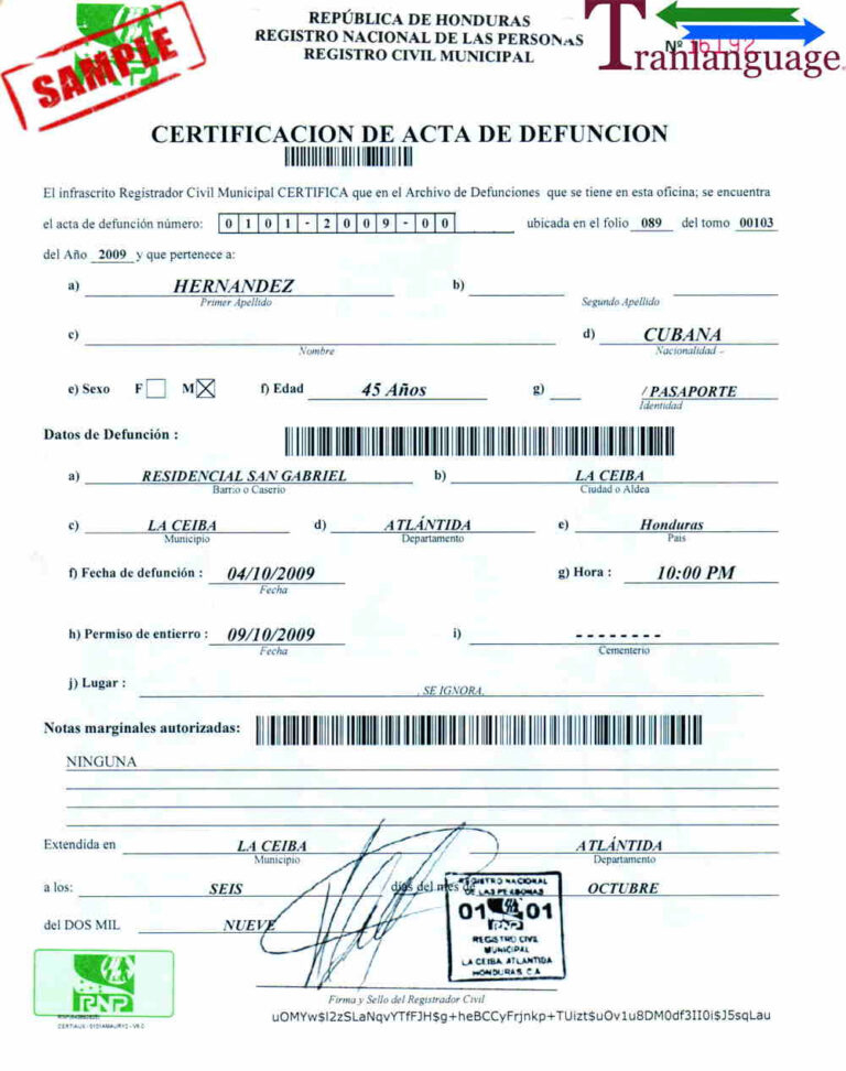 Death Certificate Honduras Pertaining To Birth Certificate With Regard To Free Death Certificate Translation Template