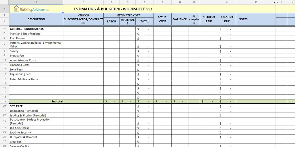 Free Construction Cost Estimate Excel Template Building With Cost Estimate Worksheet Template