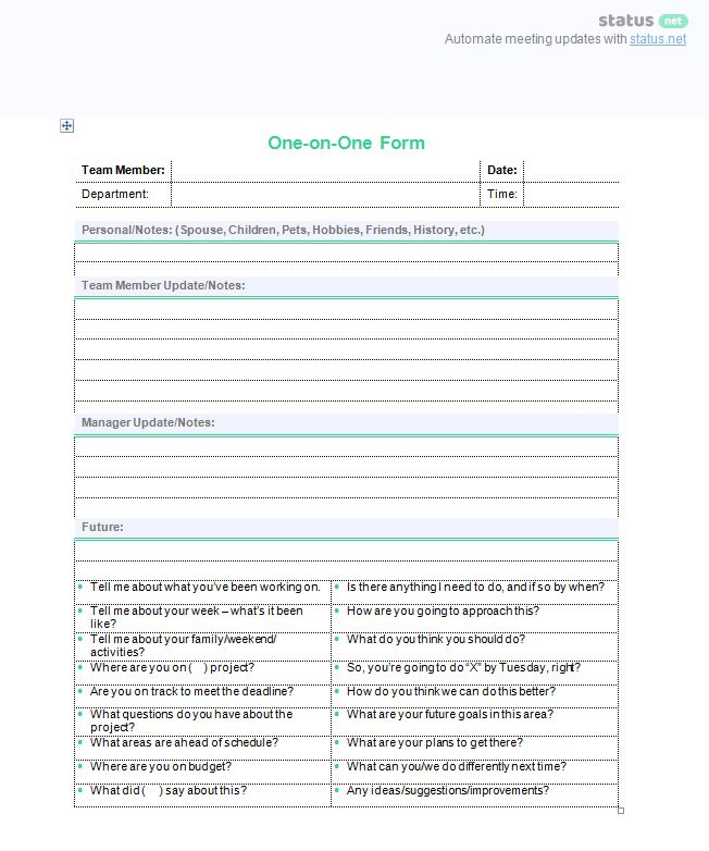 One On One Meeting: Sample Questions And 2 Best Agenda With One On One Meeting Agenda Template