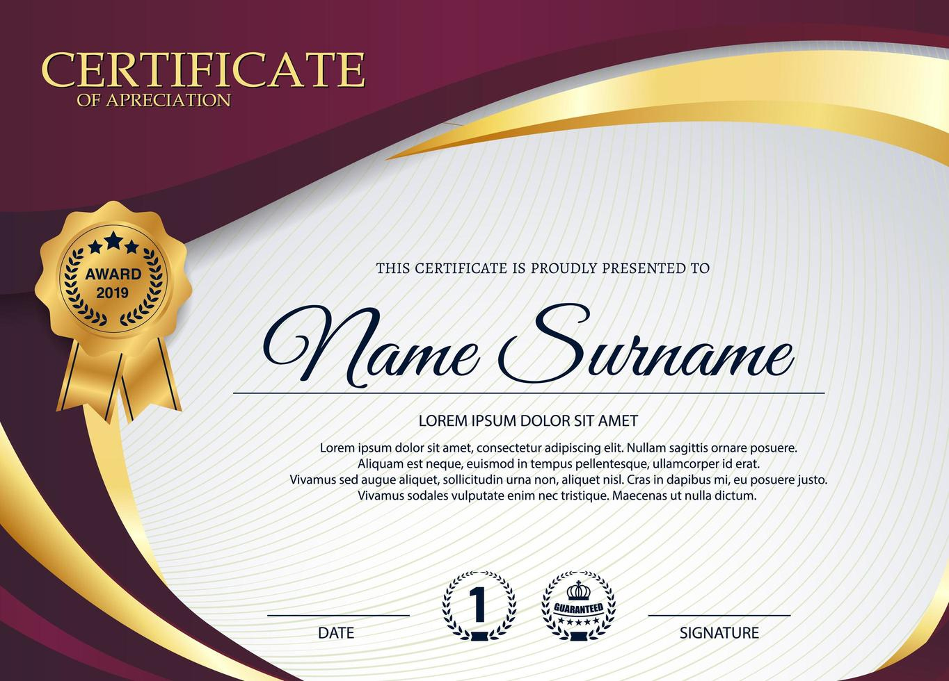 Purple And Gold Certificate Of Appreciation Download In Template For Certificate Of Award