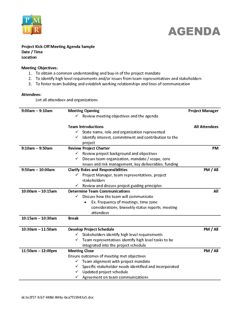 Qualified Agenda Template Sample For Project Kick Off Throughout Amazing Project Team Meeting Agenda Template