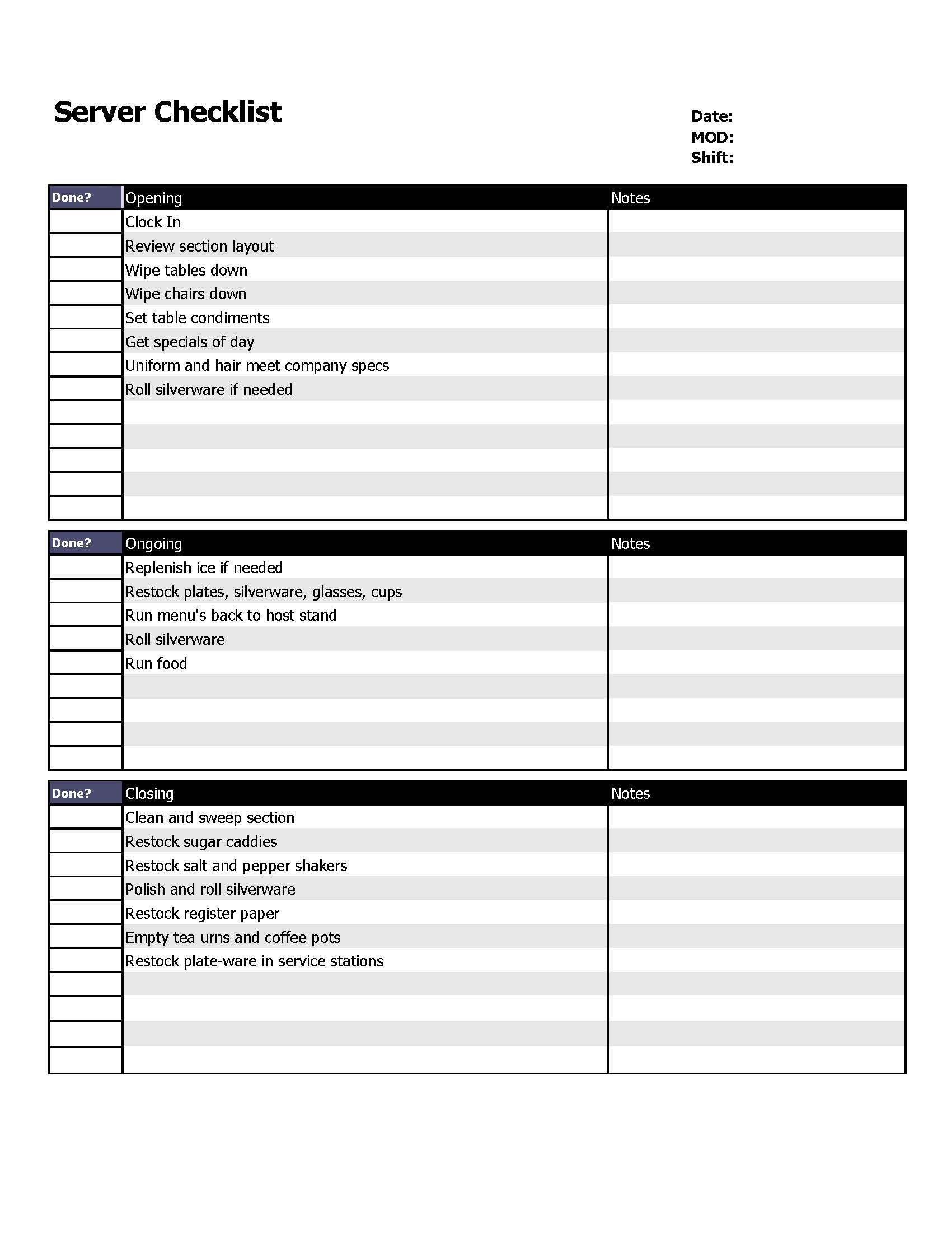Restaurant Server Checklist Form. | Restaurant Cleaning Inside Fresh Restaurant Manager Meeting Agenda