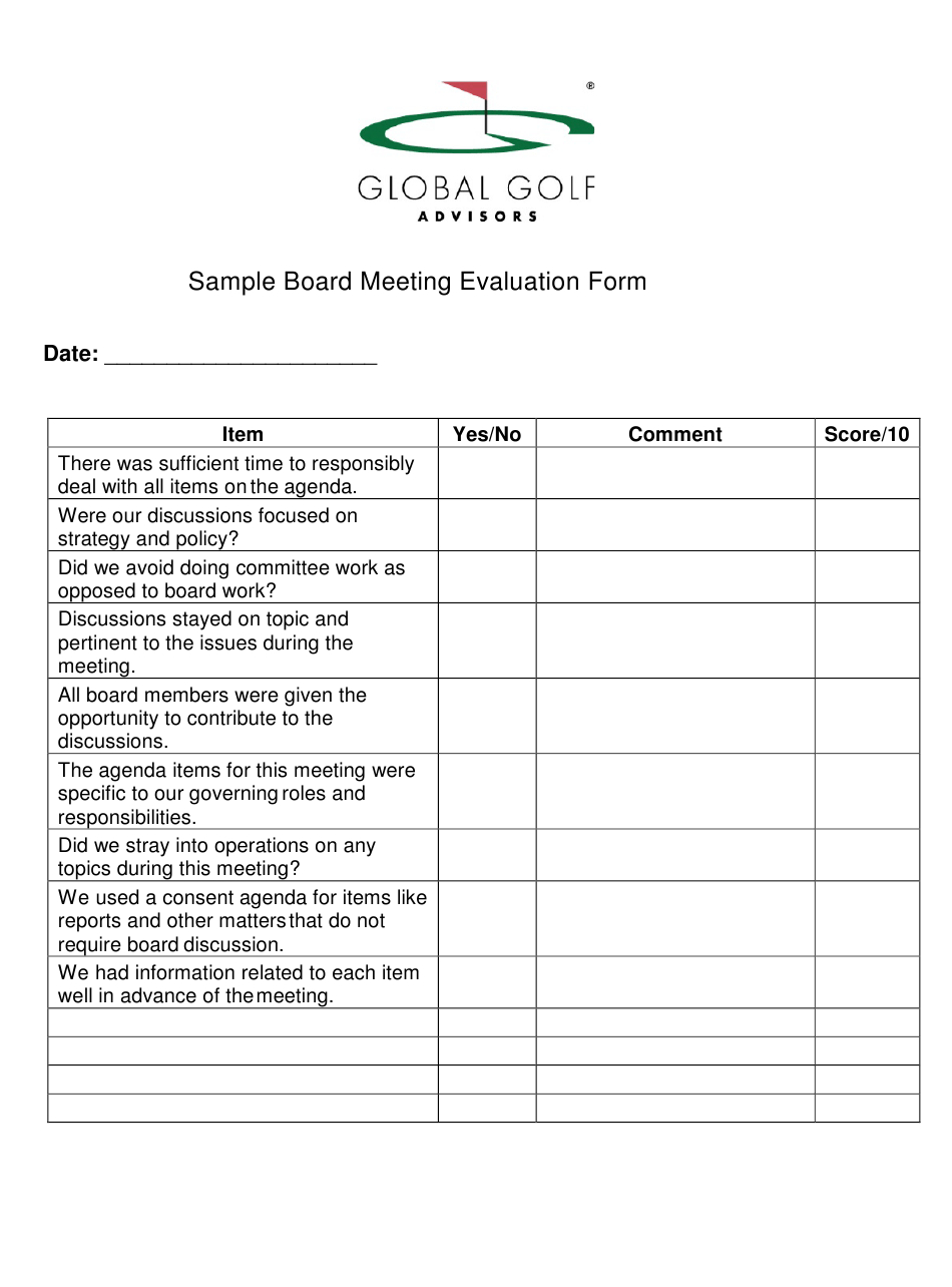 Sample Board Meeting Evaluation Form Global Golf Pertaining To Fresh Consent Agenda Template