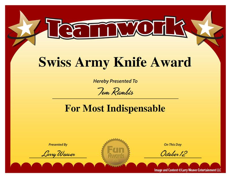 Swiss Army Knife Award | Funny Awards, Funny Employee For Free Teamwork Certificate Templates