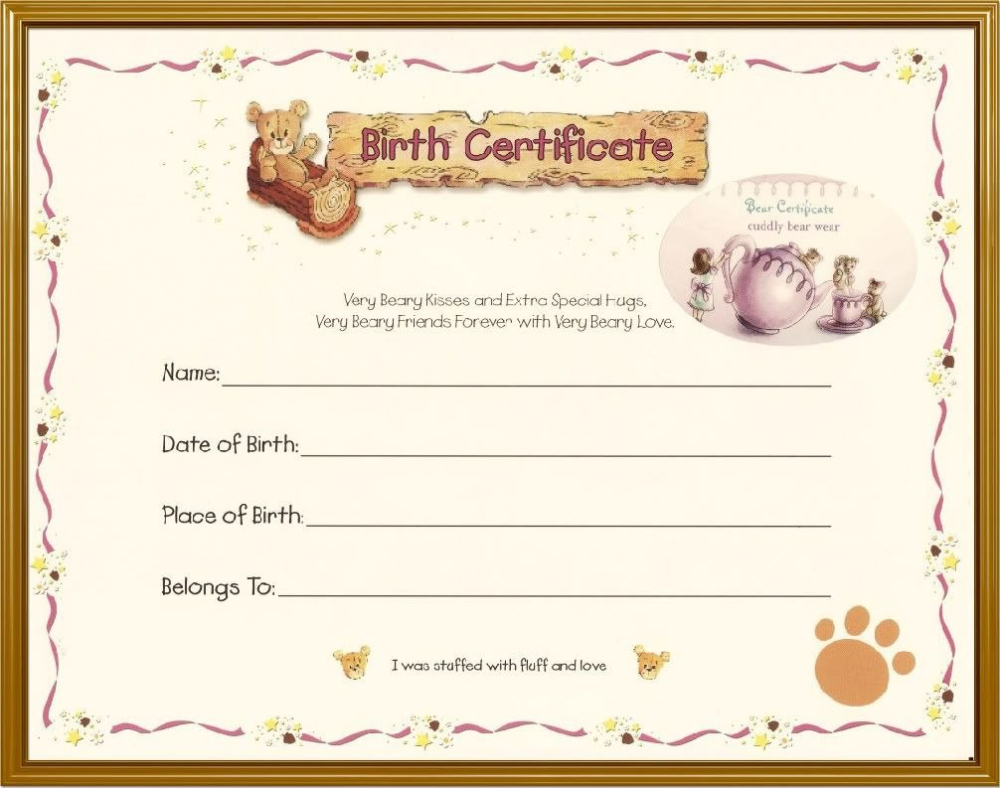 Teddy Bear Birth Certificate Teddy Bear Tea Teddy Bear Pertaining To Teddy Bear Birth Certificate Templates Free
