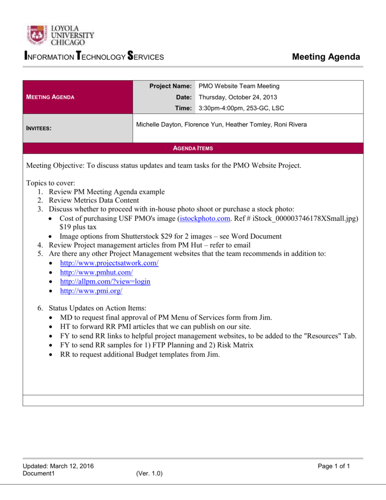 Template: Project Management Meeting Agenda Template Within Project Meeting Agenda Template