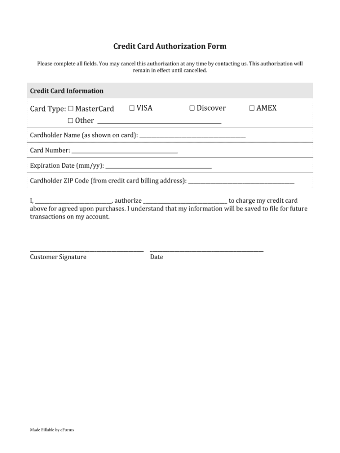 Credit Card Authorization Form - Complete, Cancel, Charge  [Year