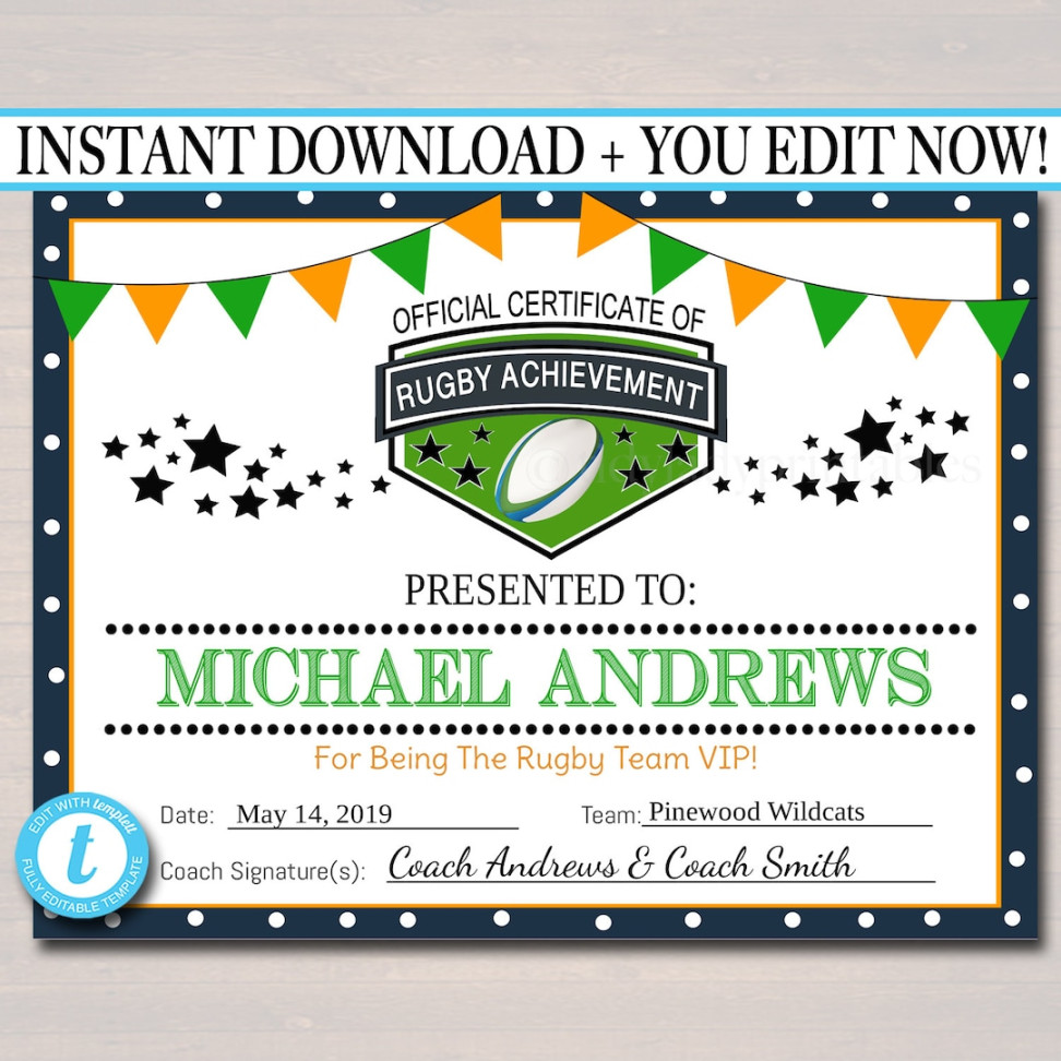 EDITABLE Rugby Award Certificates, INSTANT DOWNLOAD, Team Ruby