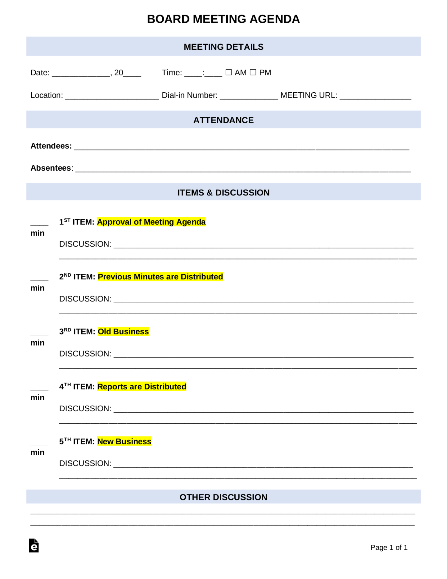 Free Board Meeting Agenda Template - PDF  Word – eForms