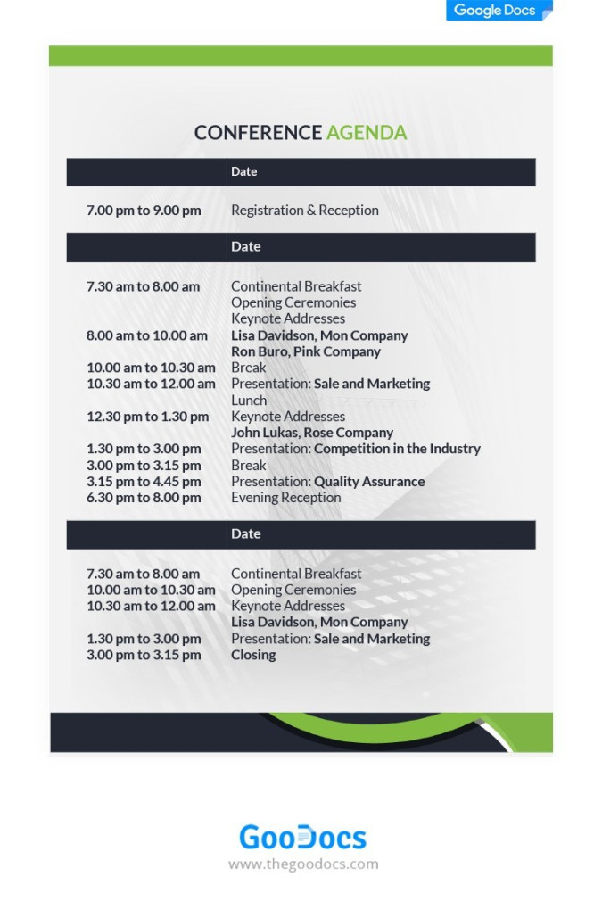 White Professional Conference Agenda Template in Google Docs and